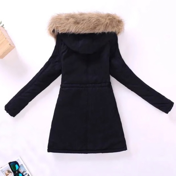 Hooded Faux Fur Drawstring Black Parka Jacket - Picture 2 of 12